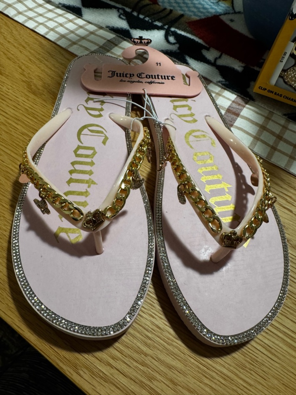 Juicy Couture Pale Pink Flip Flop Sandals with Gold Chain Accents